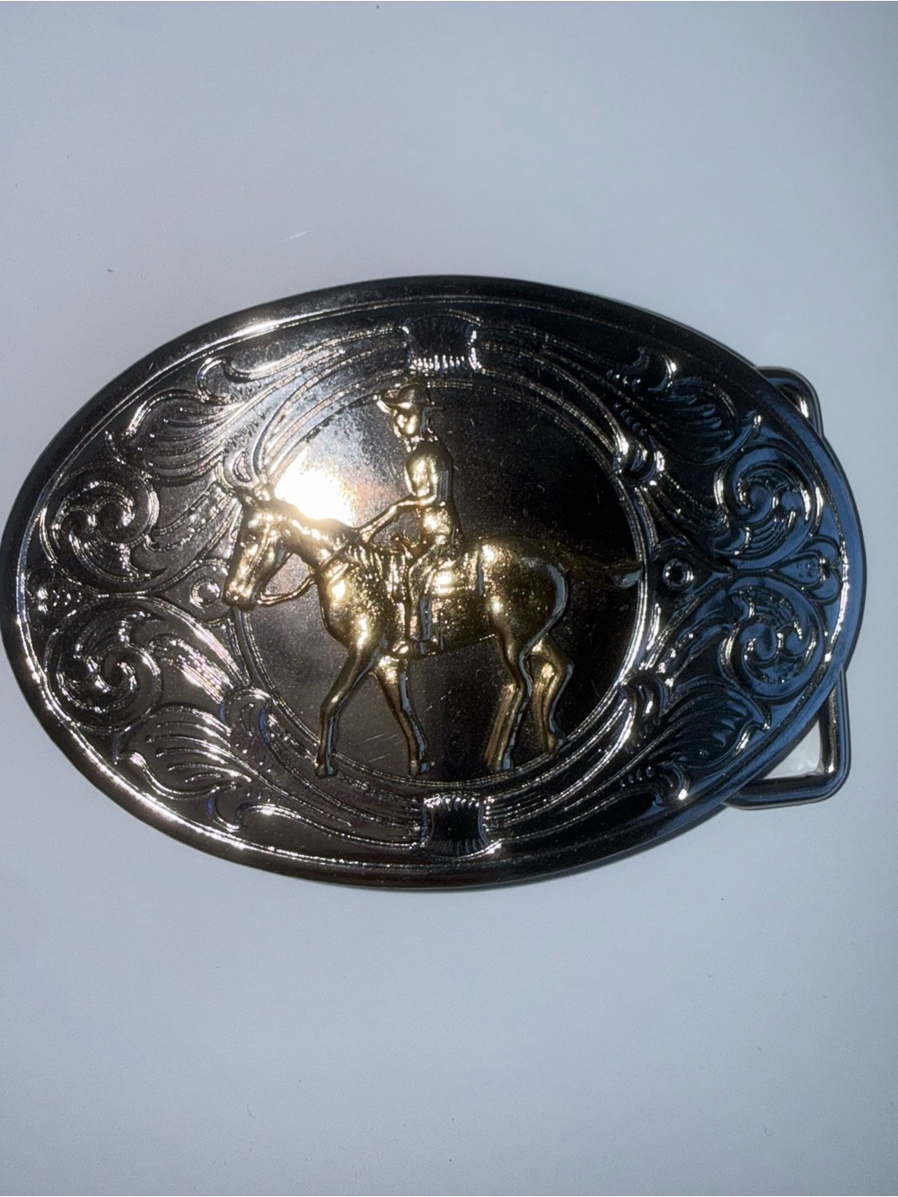 VINTAGE Western Horse & Rider Oval Belt Buckle - Shiny Black